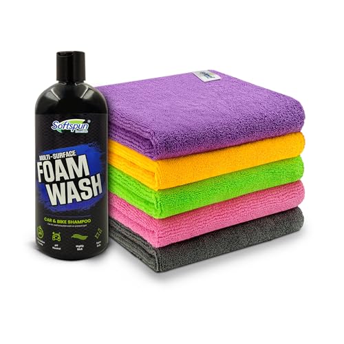 SOFTSPUN Microfiber 340gsm 5pcs 40x40cm Multicolor + 500mL Car & Bike Premium Liquid Shampoo Combo | Extra Suds, Removes Tough Dirt & Grime | pH Neutral | Works with Bucket & Foam Cannon - Image 1