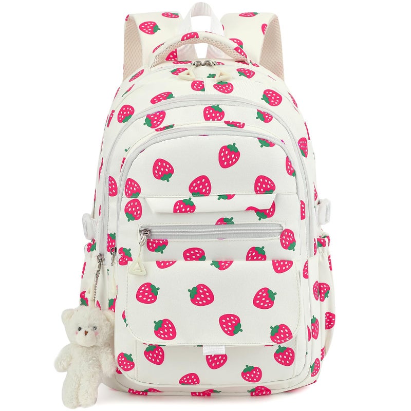 PRLINJSK Girls Backpack for College High Middle School Student, Cute Aesthetic Bookbag for Teens Women with Accessories, Beige Strawberry - Image 1