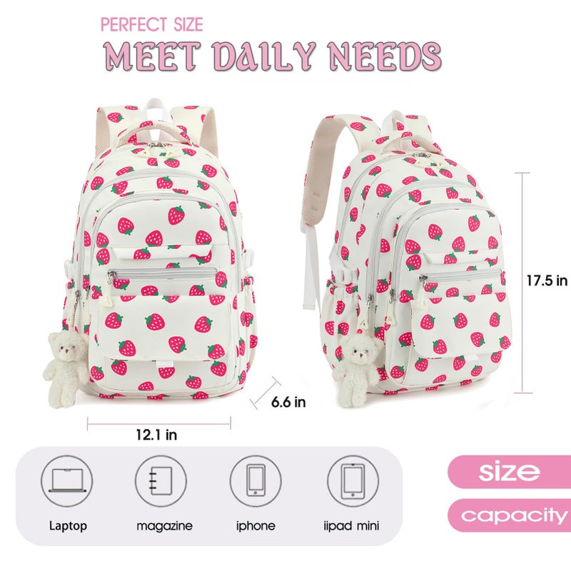 PRLINJSK Girls Backpack for College High Middle School Student, Cute Aesthetic Bookbag for Teens Women with Accessories, Beige Strawberry - Image 3