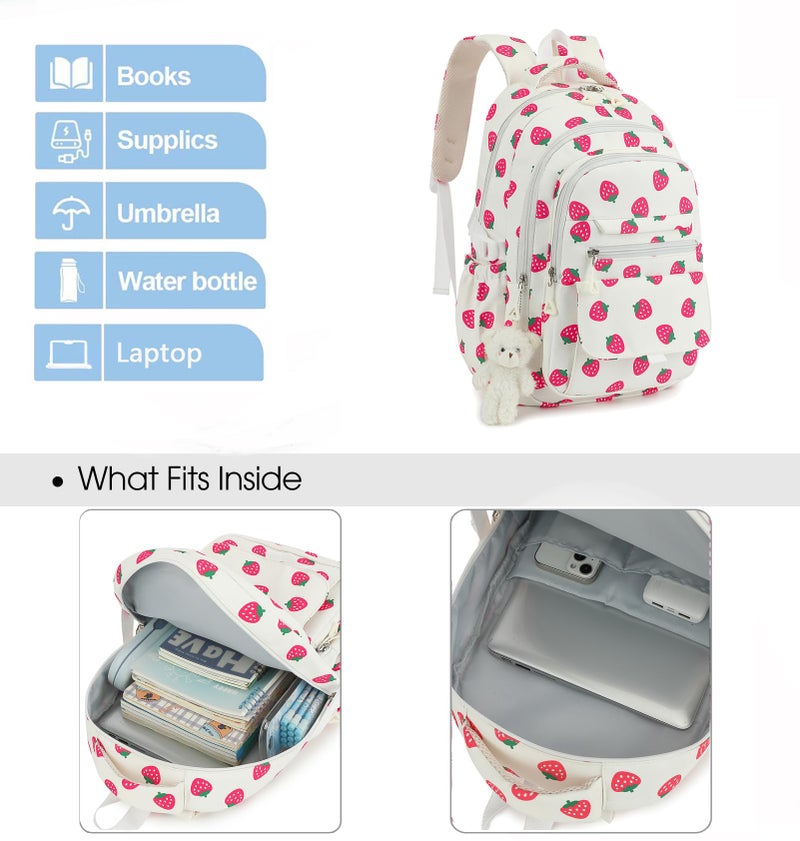 PRLINJSK Girls Backpack for College High Middle School Student, Cute Aesthetic Bookbag for Teens Women with Accessories, Beige Strawberry - Image 4