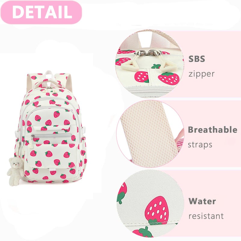 PRLINJSK Girls Backpack for College High Middle School Student, Cute Aesthetic Bookbag for Teens Women with Accessories, Beige Strawberry - Image 5