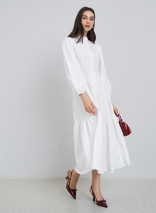 ستايلي فستان ميدي أبيض بأكمام منتفخة وأزرار أمامية - Image 2