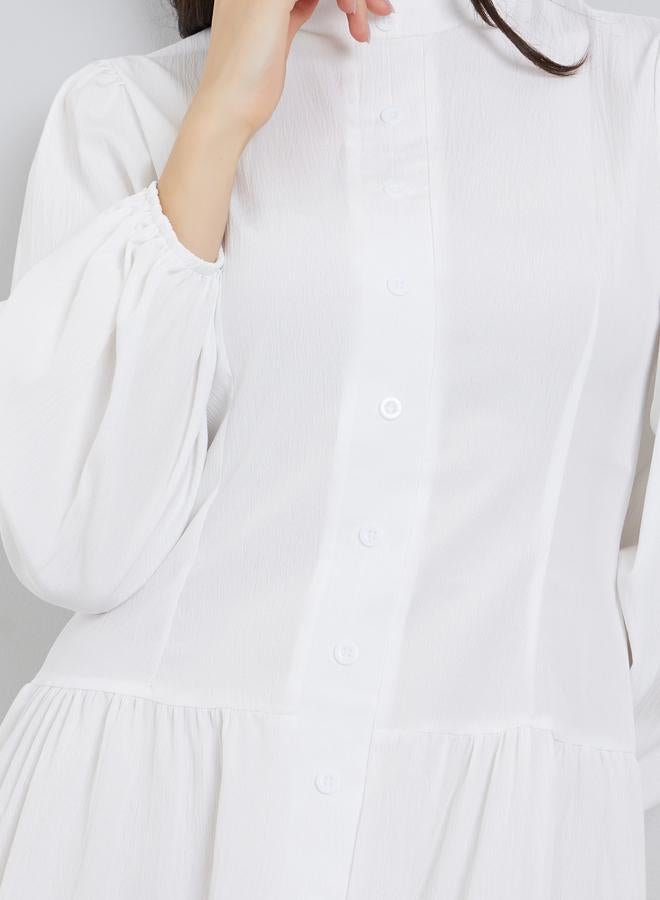 ستايلي فستان ميدي أبيض بأكمام منتفخة وأزرار أمامية - Image 5