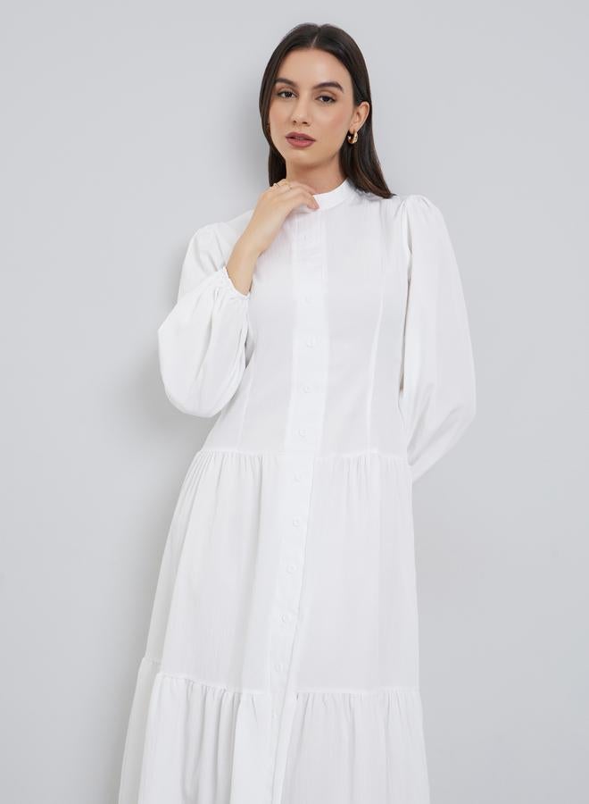 ستايلي فستان ميدي أبيض بأكمام منتفخة وأزرار أمامية - Image 4
