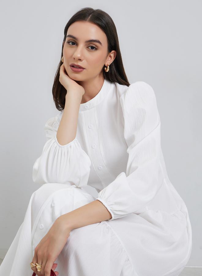 ستايلي فستان ميدي أبيض بأكمام منتفخة وأزرار أمامية - Image 1