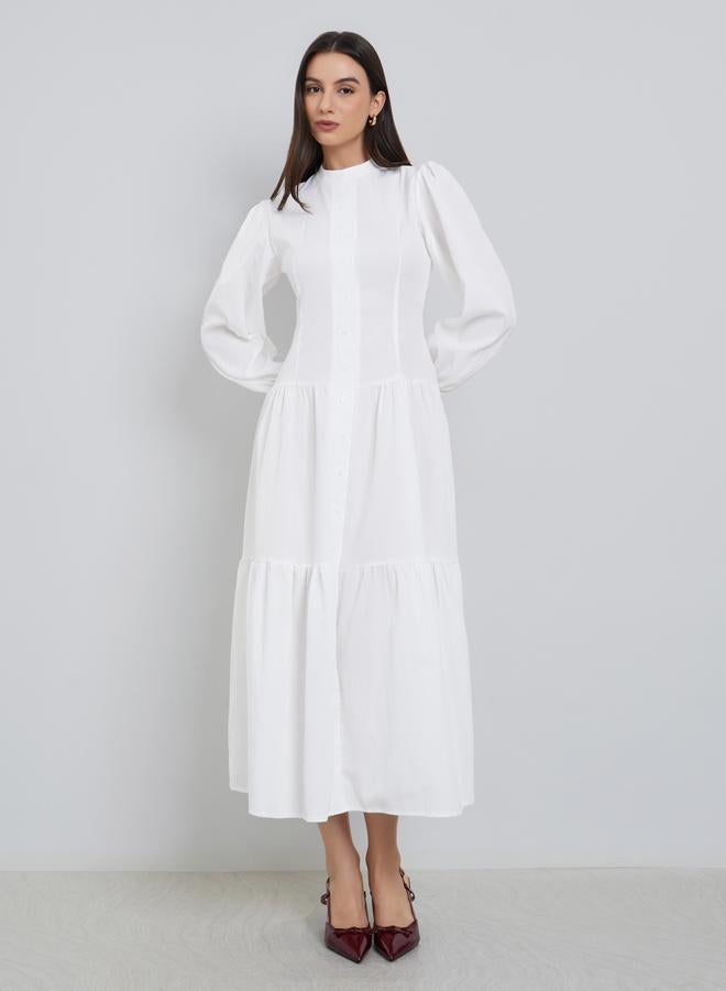 ستايلي فستان ميدي أبيض بأكمام منتفخة وأزرار أمامية - Image 3
