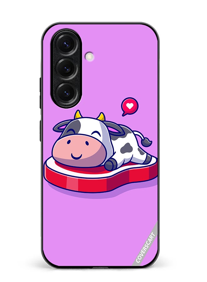 VR CREATIVE Protective Case Cover For Samsung Galaxy S25 Cute Cow Sleeping On Beef Steak Cartoon Design Multicolour