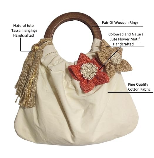 ATHZ Women Handbags handcarfted Wooden handle tassel hanging Flower Embellishment hand carry top handle artisan bags for women potli inspired (Off white) - Image 5
