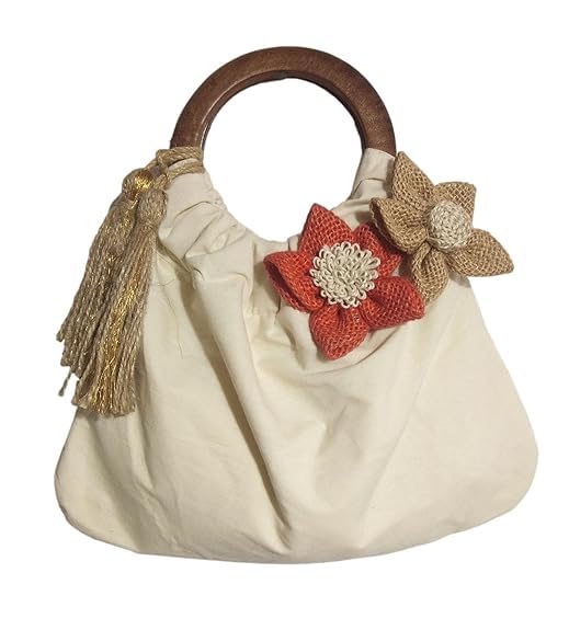 ATHZ Women Handbags handcarfted Wooden handle tassel hanging Flower Embellishment hand carry top handle artisan bags for women potli inspired (Off white) - Image 1