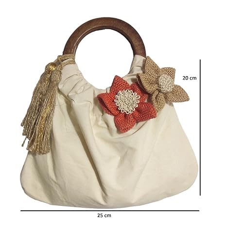ATHZ Women Handbags handcarfted Wooden handle tassel hanging Flower Embellishment hand carry top handle artisan bags for women potli inspired (Off white) - Image 2