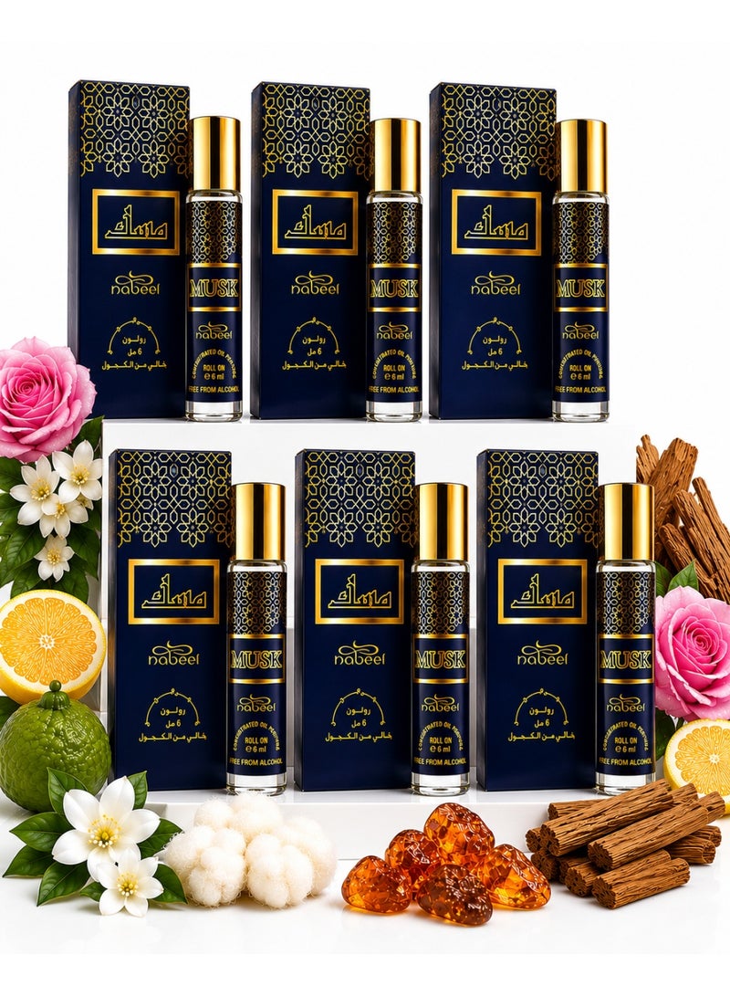نبيل ٦ قطع من عطر نبيل المسك رول أون، ٦ مل، عطر مسك نقي يدوم طويلاً للرجال والنساء - Image 1