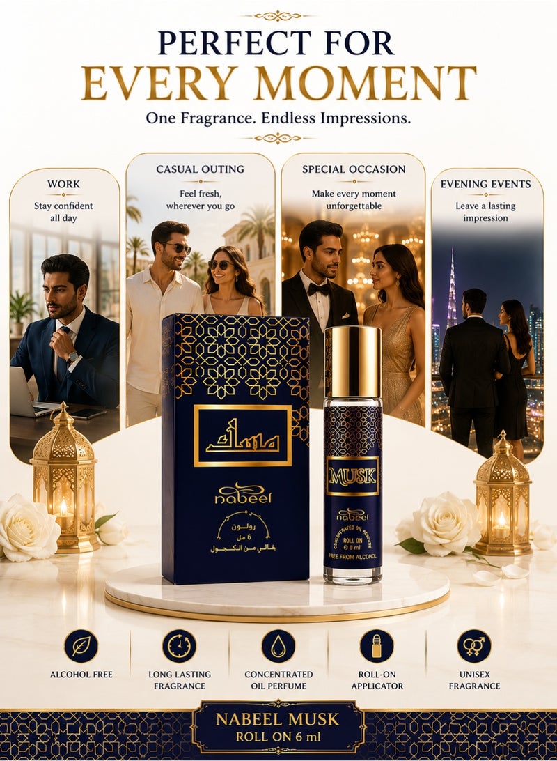 نبيل ٦ قطع من عطر نبيل المسك رول أون، ٦ مل، عطر مسك نقي يدوم طويلاً للرجال والنساء - Image 2