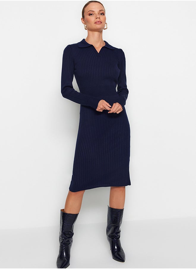 trendyol Navy Blue Midi Knitwear Polo Neck Dress TWOAW22EL1376  - Image 1