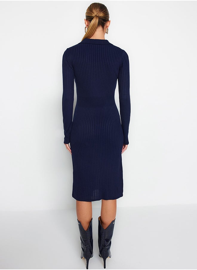 trendyol Navy Blue Midi Knitwear Polo Neck Dress TWOAW22EL1376  - Image 5