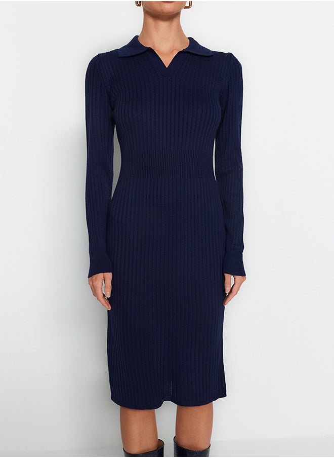 trendyol Navy Blue Midi Knitwear Polo Neck Dress TWOAW22EL1376  - Image 4