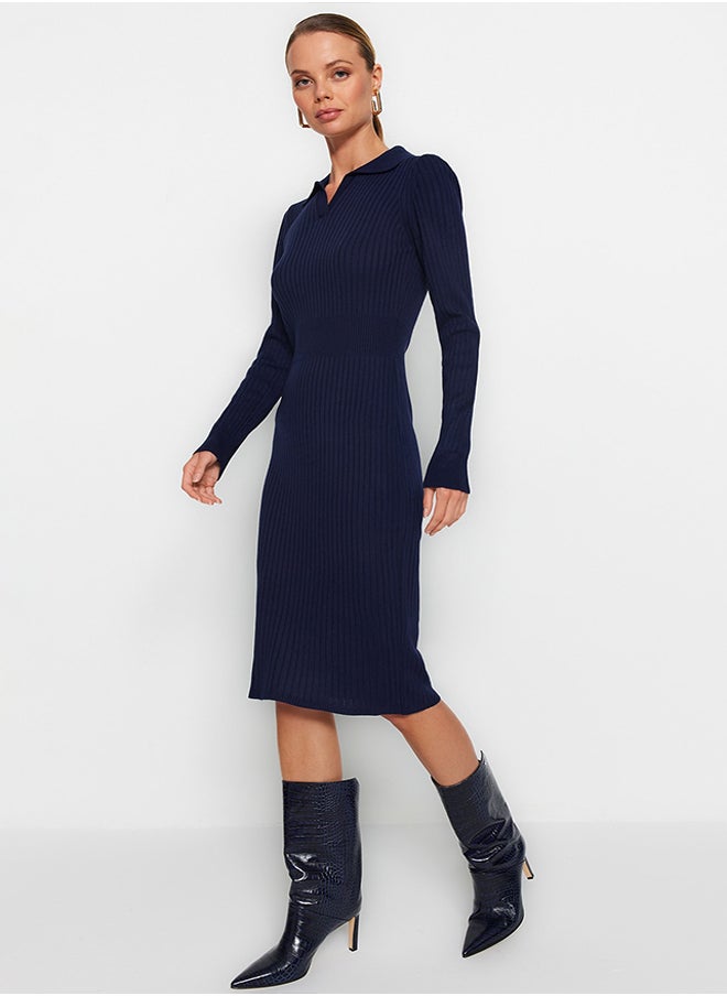 trendyol Navy Blue Midi Knitwear Polo Neck Dress TWOAW22EL1376  - Image 3
