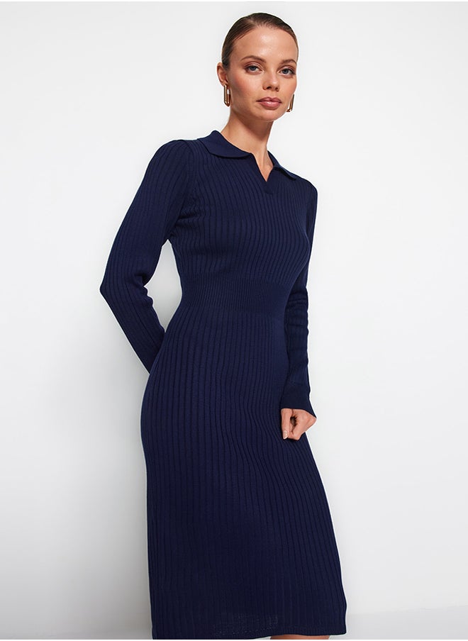 trendyol Navy Blue Midi Knitwear Polo Neck Dress TWOAW22EL1376  - Image 2