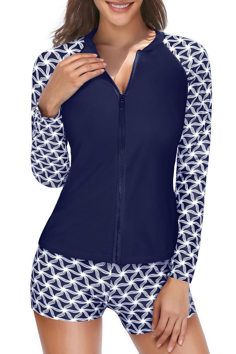 Holipick Navy Geometric 2 Piece Rash Guard for Women Long Sleeve Swimsuit with Shorts UPF 50 Zipper Swim Shirt M