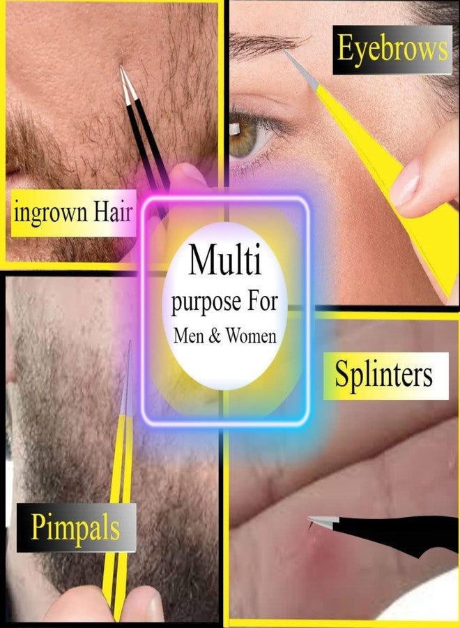 Suvorna Tweezers for women facial hair made with Stainless Steel - 1 Sharp Pointed & 1 Slanted Tweezers for Eyebrow, ingrown hair, Facial Hairs, Eye Lashes & Splinter Remover (4-inch size, Yellow) - Image 2