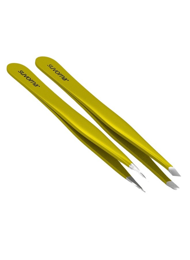 Suvorna Tweezers for women facial hair made with Stainless Steel - 1 Sharp Pointed & 1 Slanted Tweezers for Eyebrow, ingrown hair, Facial Hairs, Eye Lashes & Splinter Remover (4-inch size, Yellow) - Image 1