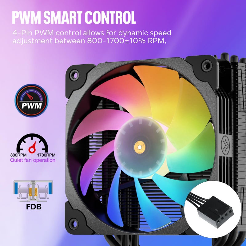Vetroo V5 CPU Air Cooler with 5 Heat Pipes 120mm FDB PWM Processor Cooling for Intel LGA 1851/1700/1200/115X AMD AM5/AM4, Addressable RGB Lights Sync - Black - Image 4
