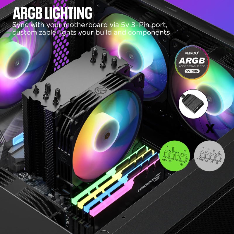 Vetroo V5 CPU Air Cooler with 5 Heat Pipes 120mm FDB PWM Processor Cooling for Intel LGA 1851/1700/1200/115X AMD AM5/AM4, Addressable RGB Lights Sync - Black - Image 3