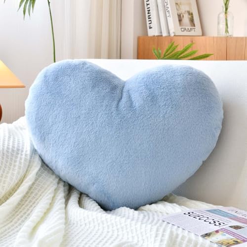 XVTRU Dusty Blue Heart Pillows Cute Heart Decorative Pillow Heart Shaped Throw Pillows for Bed Faux Rabbit Fur Plush Hoom Decor Pillow Cushion for Chair Sofa Living Room Mini 129 x 98