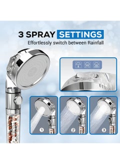 DANEEN 3-Function High Pressure Shower Head - Remove Chlorine, Boost Skin, Reduce Hair Loss - Filtration System - Jet, Rainfall, Massage Purify and Save Water - Includes Teflon Tape & 1.5m Hose  - Image 2