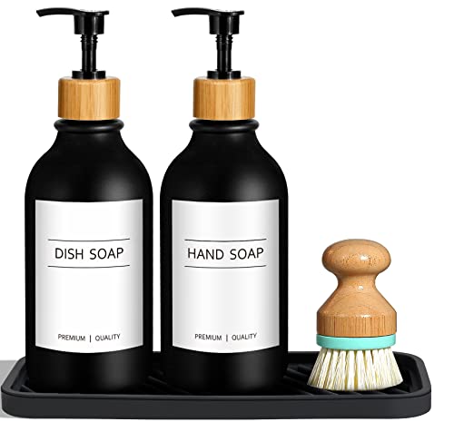 GMISUN Kitchen Soap Dispenser Set 17 Fl Oz500ML Hand and Dish Soap Dispenser Set With Silicone Tray and Brush Modern Black Dish Soap Dispensers for Kitchen Refillable Washing Up Liquid Dispensers