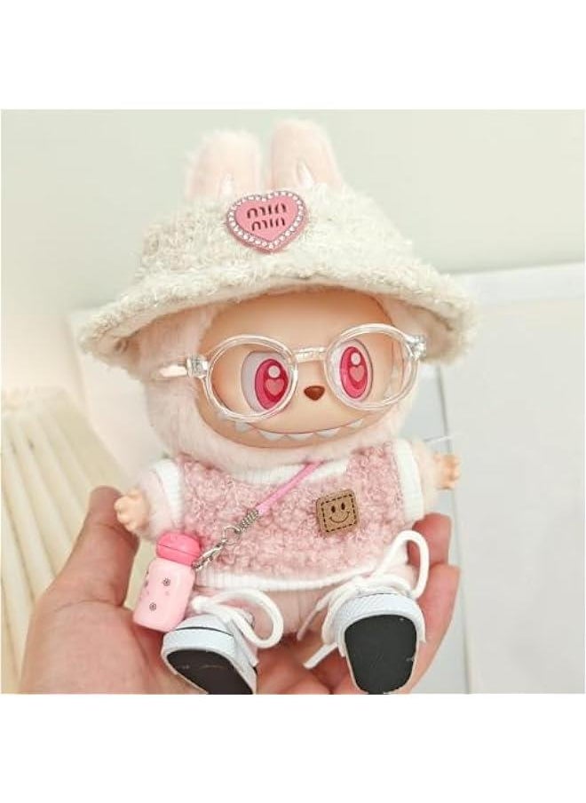 Arabest 5-Piece Labubu Doll Chic Outfit Set - Includes Clothes, Light Pink Heart Velvet Hat, Small Camera, Glasses, Canvas Shoes - Doll Not Included (Style A) 