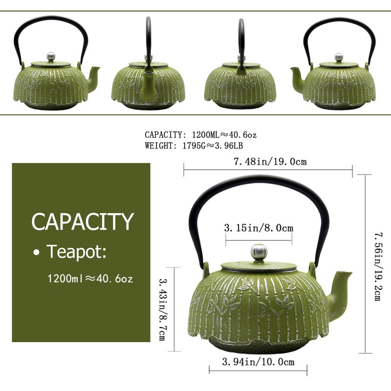YJX Tea Kettle, Japanese Cast Iron Teapot with Stainless Steel Infuser, Cast Iron Tea Kettle, Durable Teapot Coated with Enameled Interior (40.6oz Sage Green Bamboo Leaf Pattern) - Image 5