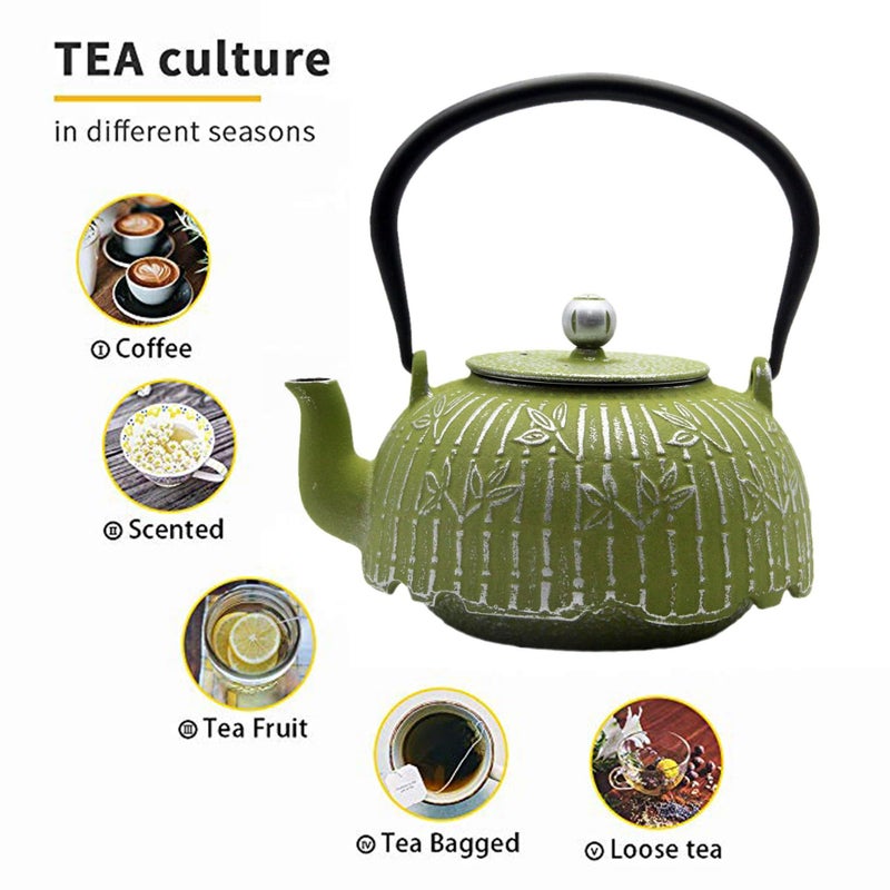 YJX Tea Kettle, Japanese Cast Iron Teapot with Stainless Steel Infuser, Cast Iron Tea Kettle, Durable Teapot Coated with Enameled Interior (40.6oz Sage Green Bamboo Leaf Pattern) - Image 4