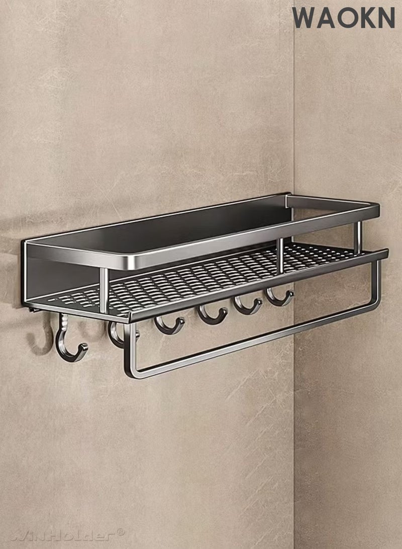 دبليو أيه أو كي أن رف دش الحمام، منظم حمام لاصق بدون حفر، منظم دش حمام من الفولاذ المقاوم للصدأ مع خطافات، رف دش للاستحمام الداخلي - سعة كبيرة، رف تخزين مثبت على الحائط سميك ومتسع للحمام. - Image 1