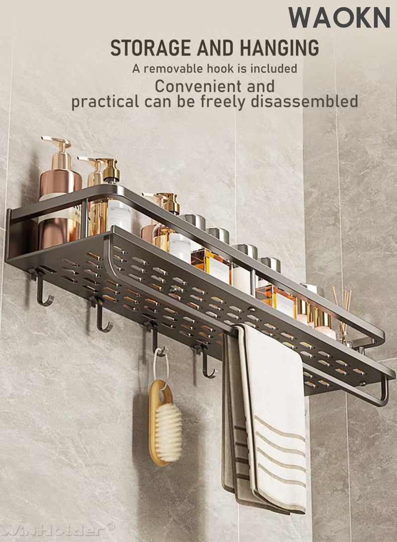 دبليو أيه أو كي أن رف دش الحمام، منظم حمام لاصق بدون حفر، منظم دش حمام من الفولاذ المقاوم للصدأ مع خطافات، رف دش للاستحمام الداخلي - سعة كبيرة، رف تخزين مثبت على الحائط سميك ومتسع للحمام. - Image 5