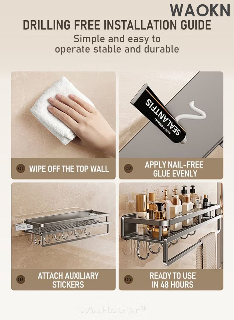 دبليو أيه أو كي أن رف دش الحمام، منظم حمام لاصق بدون حفر، منظم دش حمام من الفولاذ المقاوم للصدأ مع خطافات، رف دش للاستحمام الداخلي - سعة كبيرة، رف تخزين مثبت على الحائط سميك ومتسع للحمام. - Image 3