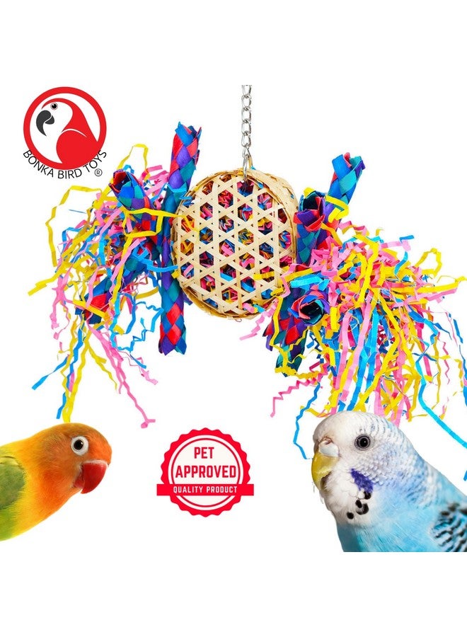 Bonka Bird Toys Bonka Bird Toys 1721 Round Basket Bamboo Paper Crinkle Beak Feet Hanging Forage Stuffed Shredding Foraging Pulling Colorful Parrot Parrotlet Finch - Image 2