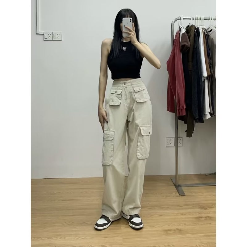 Overalls Spring and Autumn Womens Straight Barrel 2023 New High Waist Loose Drawstring Wide Leg Plus Trousers Design Sense Real Price Brown - Image 4