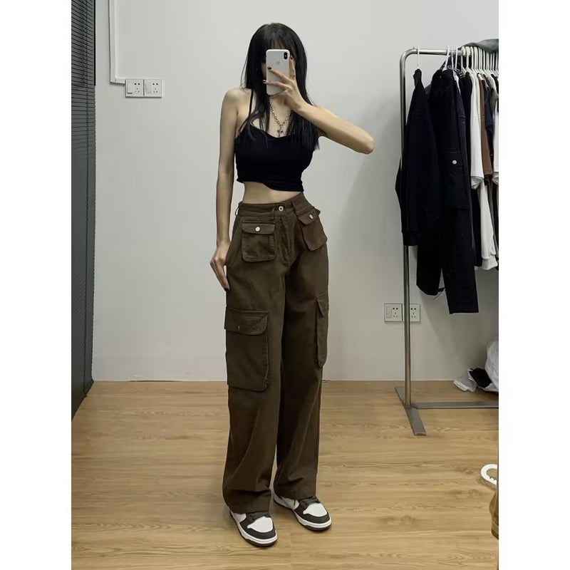 Overalls Spring and Autumn Womens Straight Barrel 2023 New High Waist Loose Drawstring Wide Leg Plus Trousers Design Sense Real Price Brown - Image 1