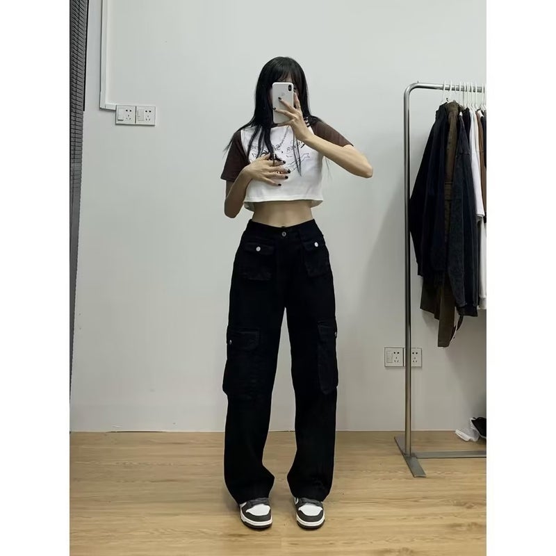 Overalls Spring and Autumn Womens Straight Barrel 2023 New High Waist Loose Drawstring Wide Leg Plus Trousers Design Sense Real Price Brown - Image 2