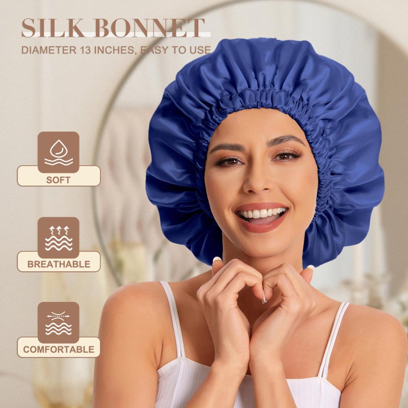 Edoneery Satin Bonnet Silk Bonnet Hair Bonnet for Sleeping-Slouchy Beanie Hat Satin Sleep Cap for Women's Natural & Curly Hair(Navy) - Image 2