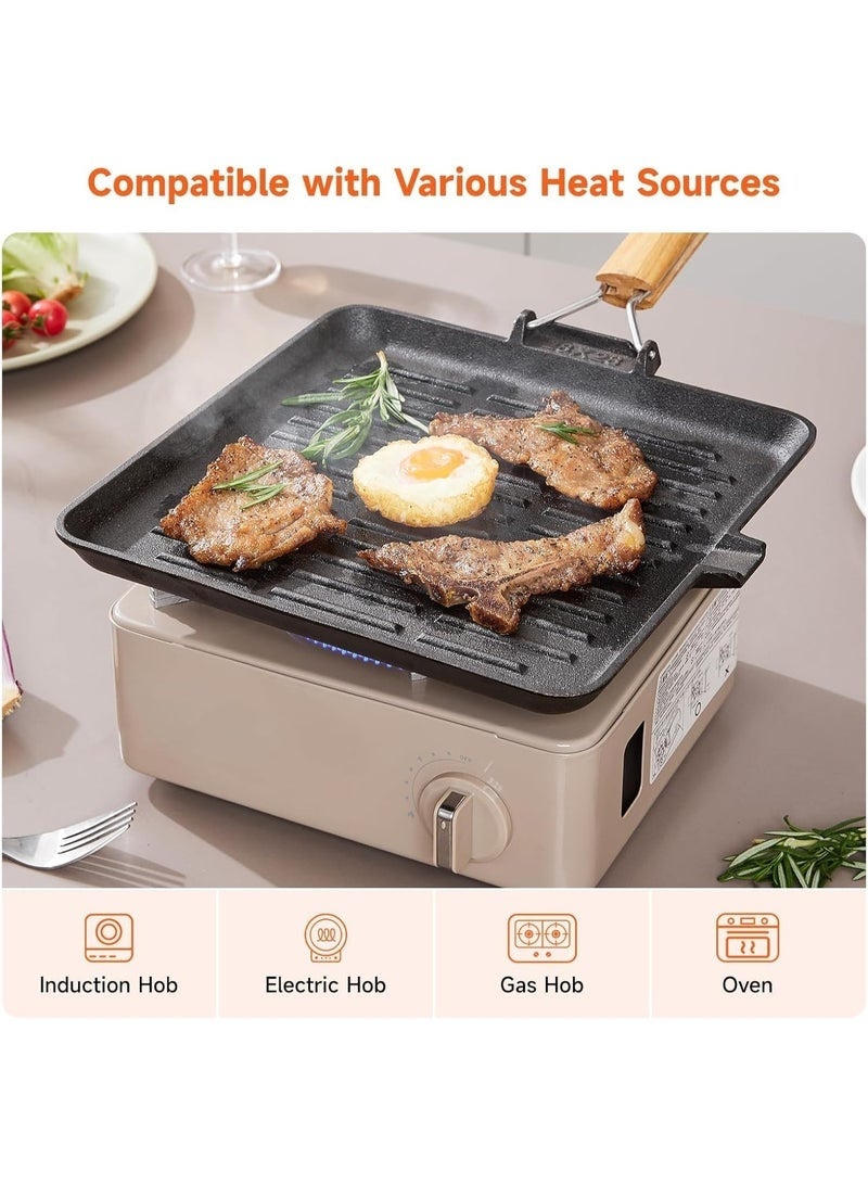 Arabest Cast Iron Grill Pan Nonstick Steak Skillet, 24cm Pre-Seasoned Non-Stick Cast Iron Skillet Grill Pan with Foldable Handle for Gas Induction Electric Hobs and Oven Safe - Image 5