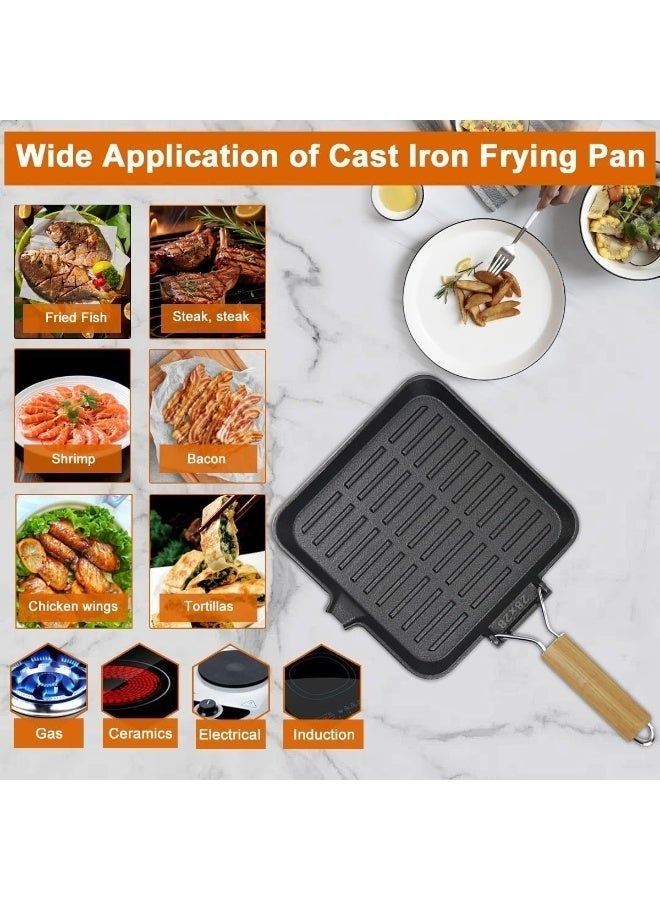 Arabest Cast Iron Grill Pan Nonstick Steak Skillet, 24cm Pre-Seasoned Non-Stick Cast Iron Skillet Grill Pan with Foldable Handle for Gas Induction Electric Hobs and Oven Safe - Image 4