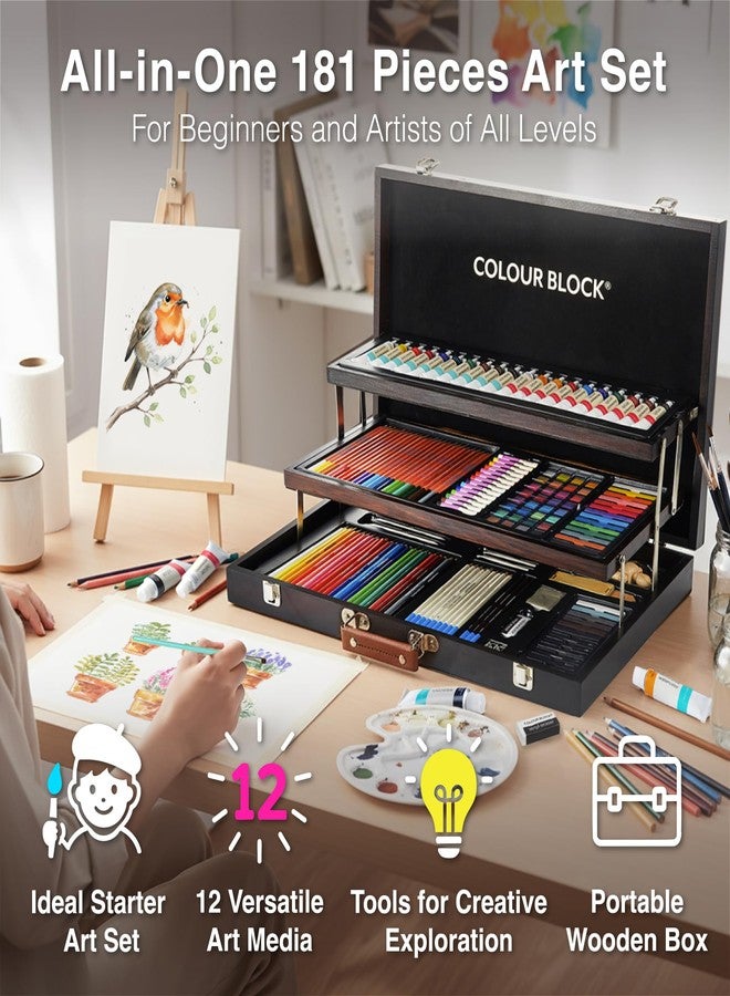 COLOUR BLOCK 181 pc Mixed Media Art Set in Exquisite Wooden Case - Acrylic & Water color Paints, Sketching, Colored Pencils, Soft & Oil Pastels - Image 3