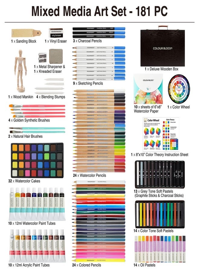 COLOUR BLOCK 181 pc Mixed Media Art Set in Exquisite Wooden Case - Acrylic & Water color Paints, Sketching, Colored Pencils, Soft & Oil Pastels - Image 2