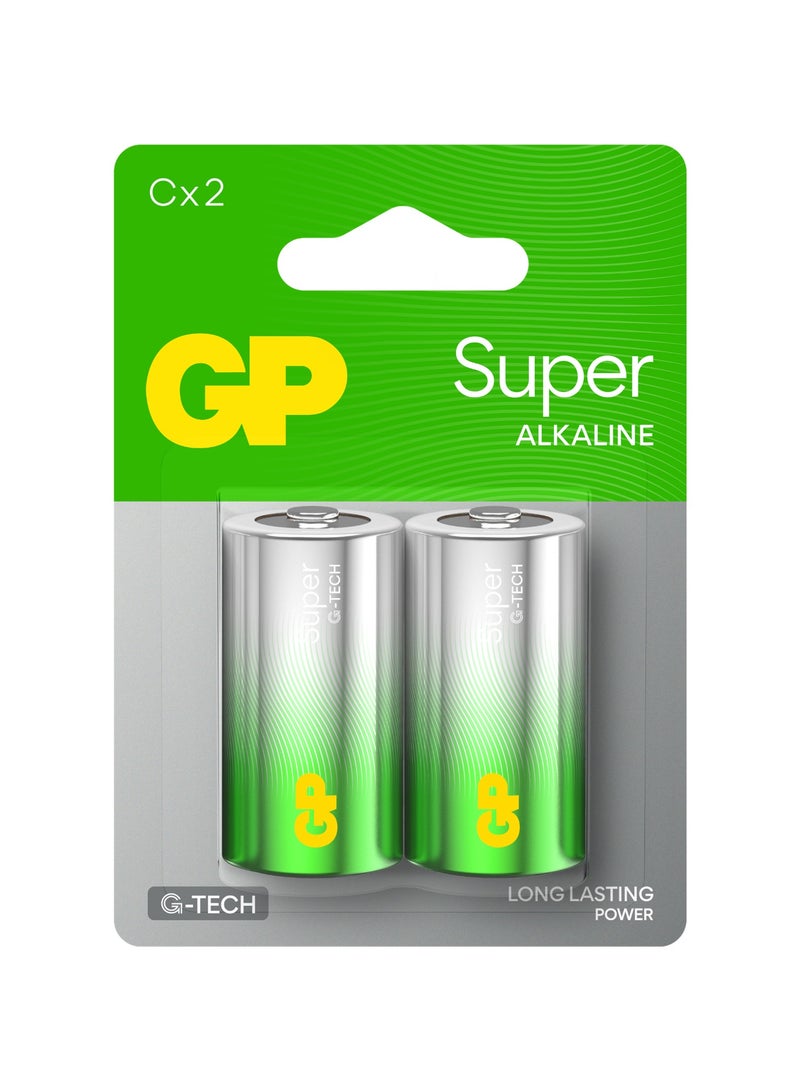 جي بي باتاريز مجموعة من 2 بطارية قلوية فائقة من GP - بطاريات C عالية الأداء وطويلة الأمد في بطاقة بلاستيكية PET لتوفير طاقة موثوقة، مثالية للأجهزة عالية الاستهلاك، متوافقة مع الأجهزة الإلكترونية اليومية - طراز A21، عبوة Global Hook 