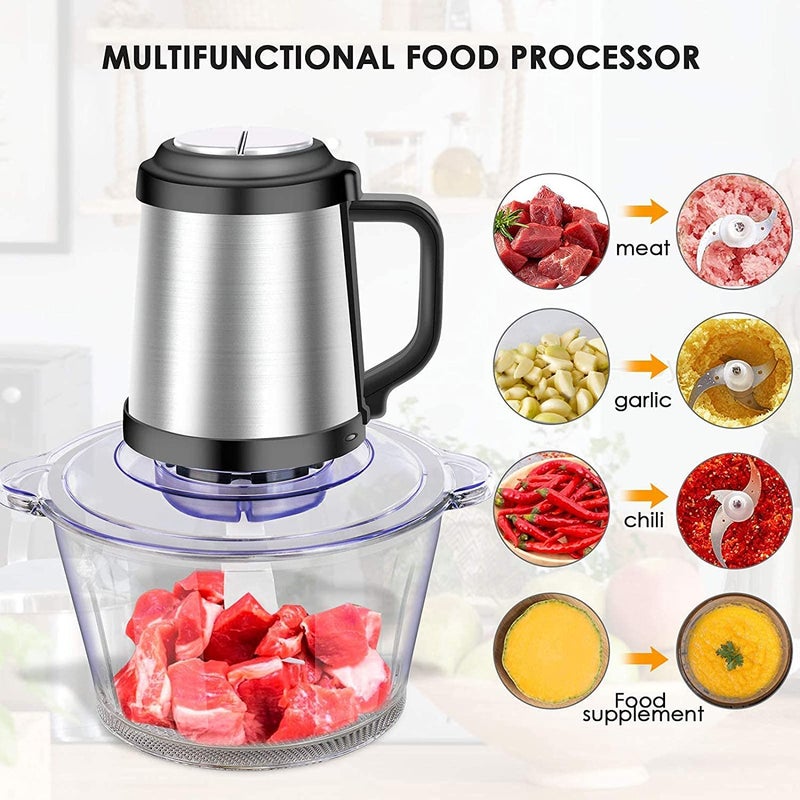 Olpad Electric Food Chopper Cup BPAFree Mini Food Processor 2L Glass Bowl Meat Grinder for Vegetable Fruits Nuts Stainless Steel Motor Unit and 4 Sharp Blades Fast Slow 3 Speeds 250W - Image 3
