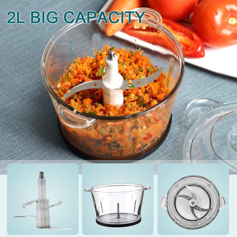 Olpad Electric Food Chopper Cup BPAFree Mini Food Processor 2L Glass Bowl Meat Grinder for Vegetable Fruits Nuts Stainless Steel Motor Unit and 4 Sharp Blades Fast Slow 3 Speeds 250W - Image 4