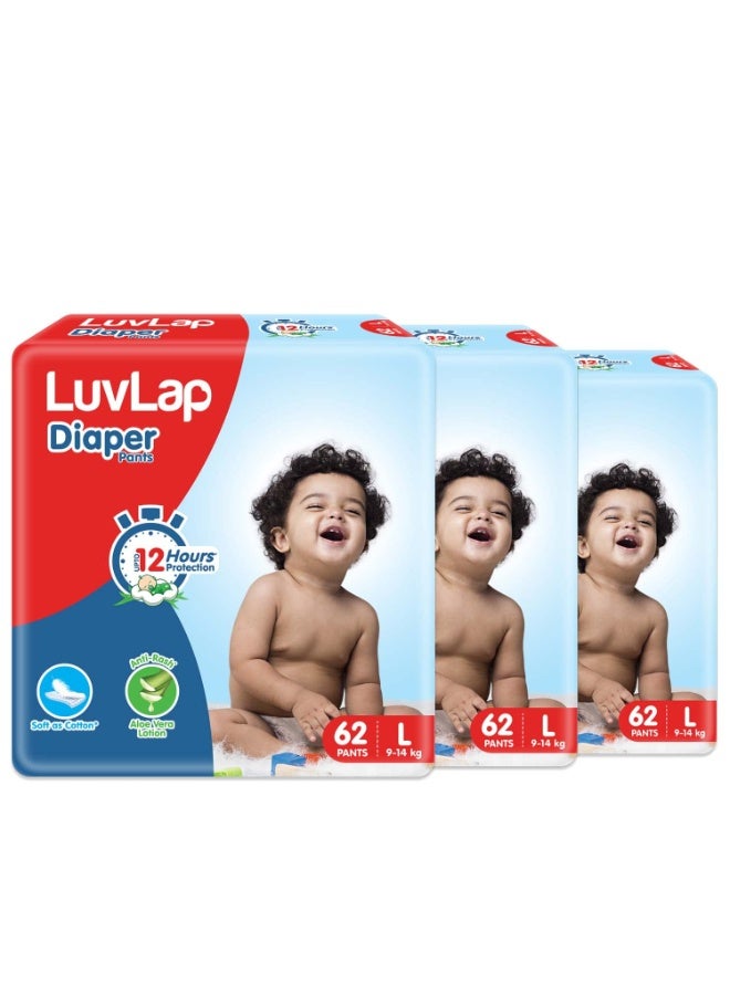 LuvLap Baby Diaper Pants L Size (Large), with Aloe Vera Lotion for rash protection, 186 Count (62x3), with upto 12Hr protection For babies of 9 to 14Kg, Super Jumbo pack (62 Count, Pack of 3)
