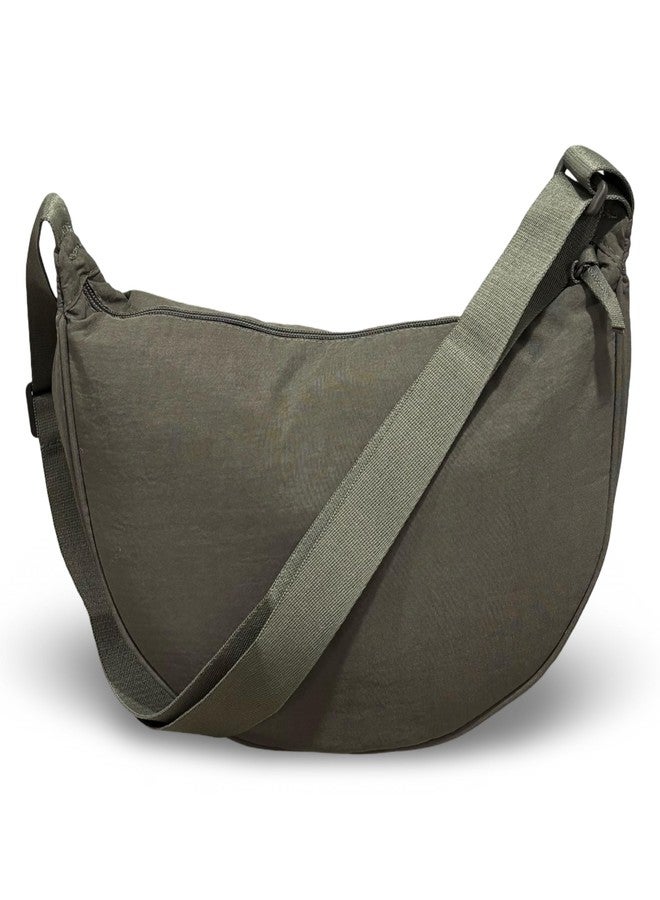 GUKA Crescent Half-Moon Crossbody Sling Bag, Beige Canvas Fabric, Adjustable Strap, Zip Compartment, 33x19x10 cm (Green) - Image 2