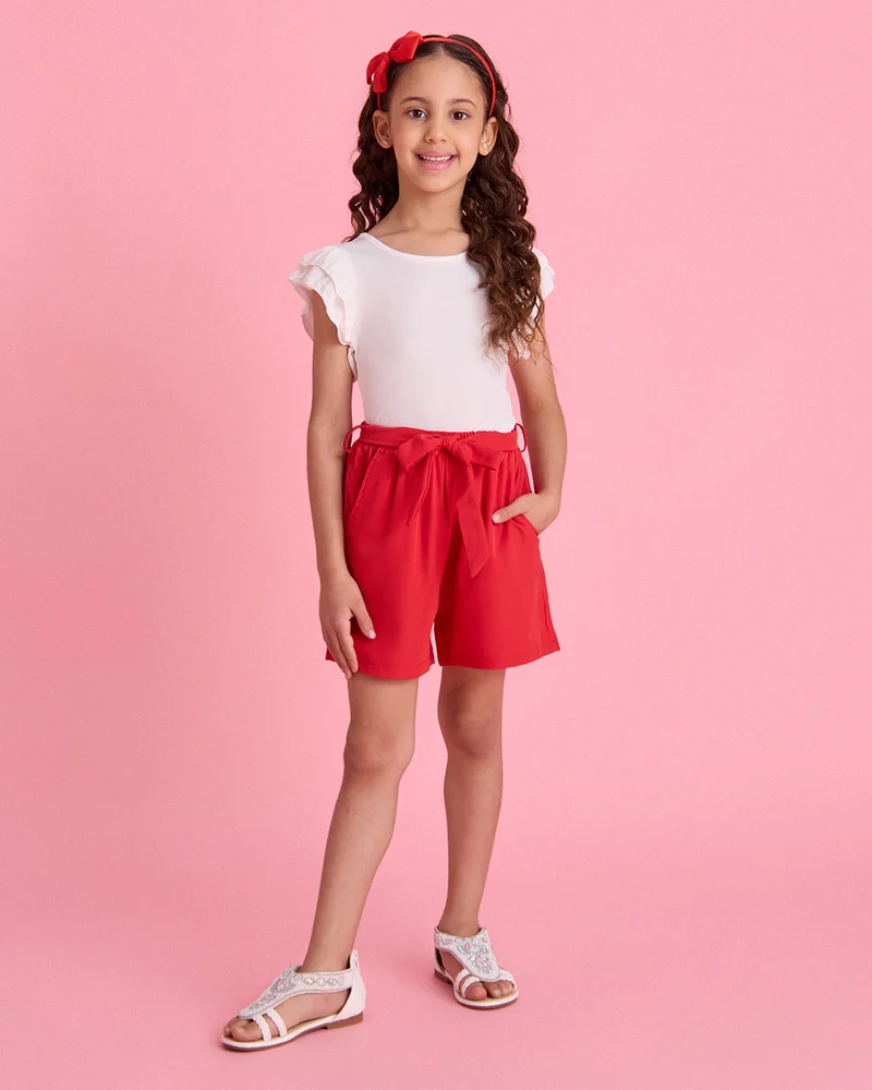 ردتاغ Girls White and Red And Top And Short Casual Set